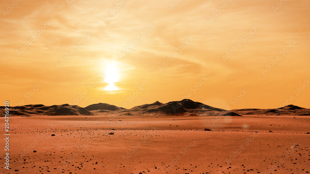 Fototapeta premium krajobraz na planecie Mars o wschodzie słońca, pustynia z pasmem górskim na czerwonej planecie