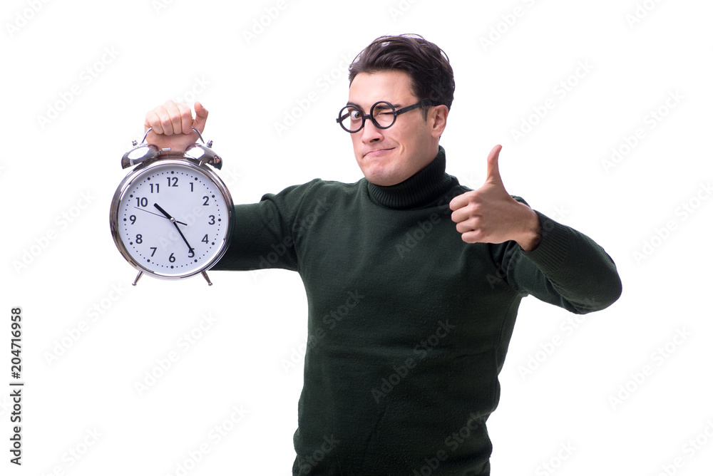 Nerd young money with giant clock isolated on white Nerd young money with giant clock isolated on white