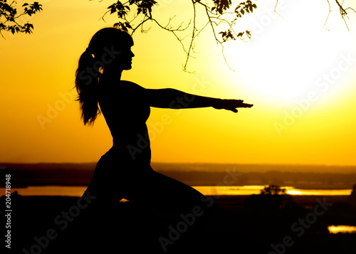 silhouette of a young woman engaged in fitness in nature at sunset, a sports female profile, the concept of sport and healhcare © fantom_rd