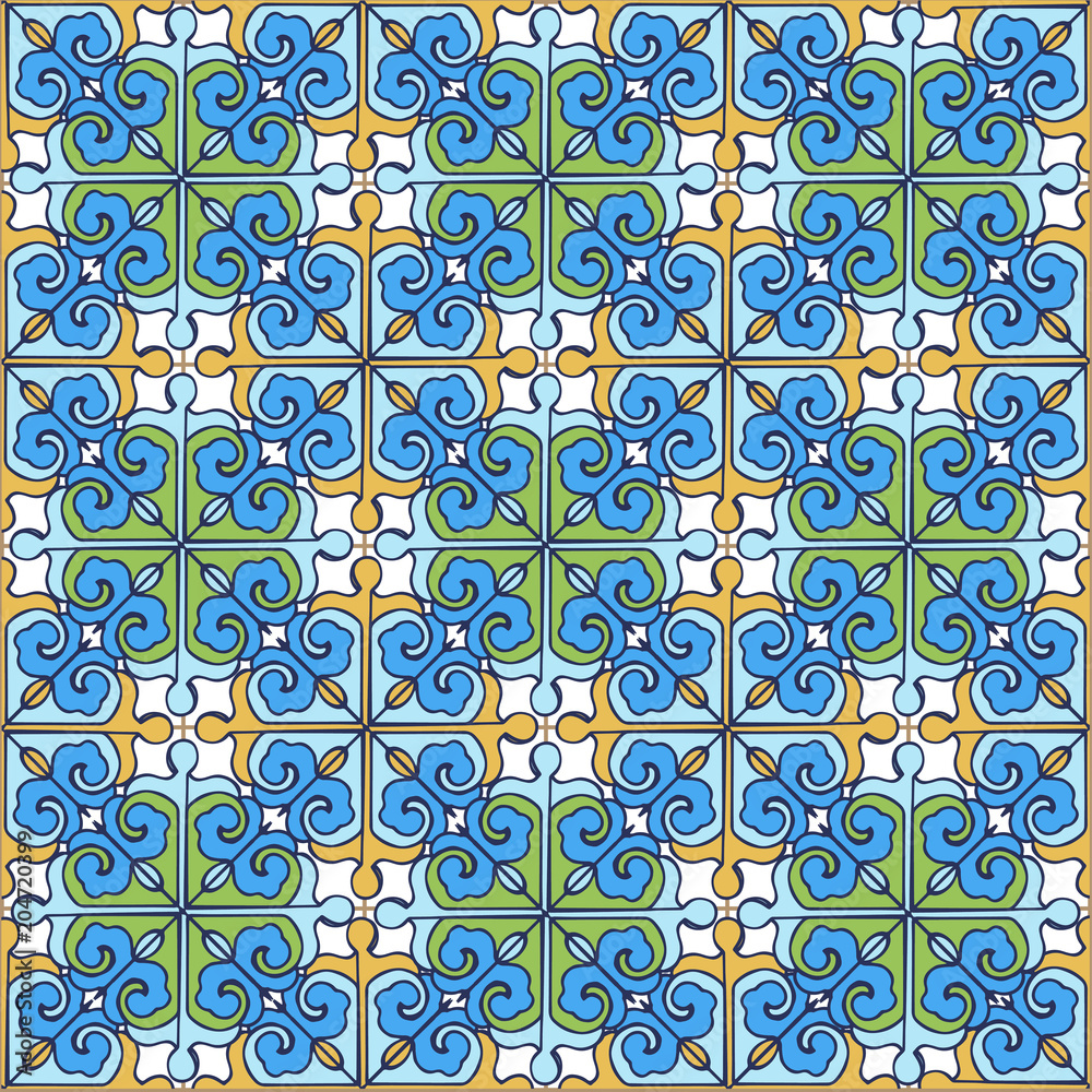 Seamless patchwork pattern from Moroccan ,Portuguese tiles blue, yellow, green colors. Decorative ornament can be used for wallpaper, backdrop, fabric, textile, wrapping paper.