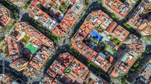 Barcelona aerial straight down camera , Eixample  residential streets and buildings, famous urban grid, Spain.