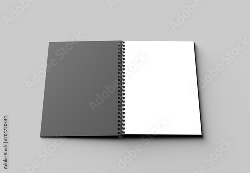 Spiral binder notebook mock up with black cover isolated on soft gray background. 3D illustrating.