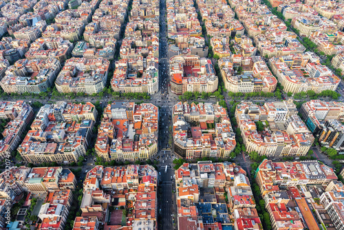 Barcelona aerial view, famous Eixample residencial district urban forms, Spain. Late afternoon light