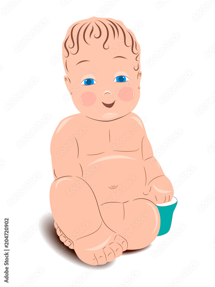 Flat drawing of the baby. Funny kid. Naked baby Kids. Isolated, white. Vector