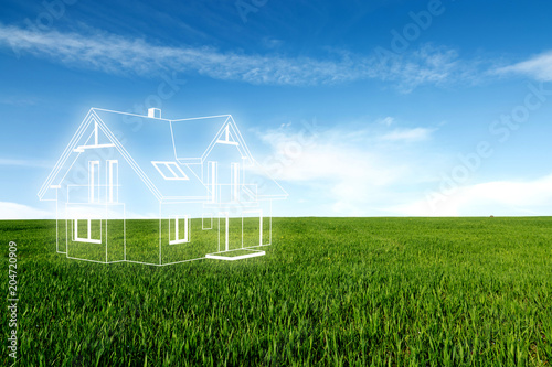 House project on the meadow. Concept of dreams about a new home. Contours of the house in 3d on a meadow.