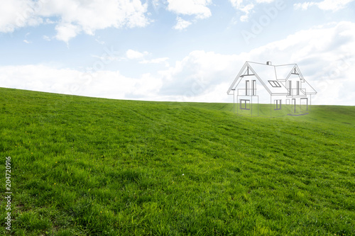 House project on the meadow. Concept of dreams about a new home. Contours of the house in 3d on a meadow.