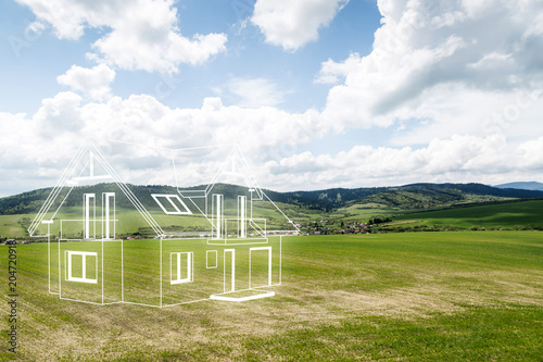 House project on the meadow. Concept of dreams about a new home. Contours of the house in 3d on a meadow.