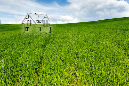 House project on the meadow. Concept of dreams about a new home. Contours of the house in 3d on a meadow.