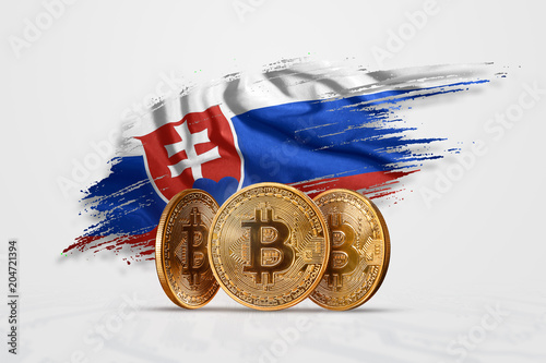 Crypto currency, gold coin BITCOIN BTC. Coin bitcoin against the background of the flag of Slovakia. The concept a new currency, Blockchain Technology , a token. Mixed media photo