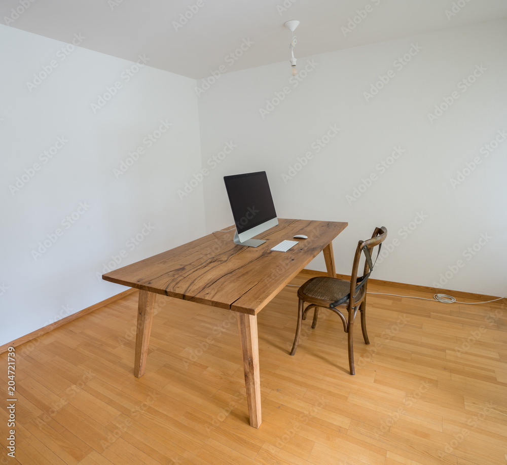 minimalistic office with table and chair and computer minimalistic office with table and chair and computer