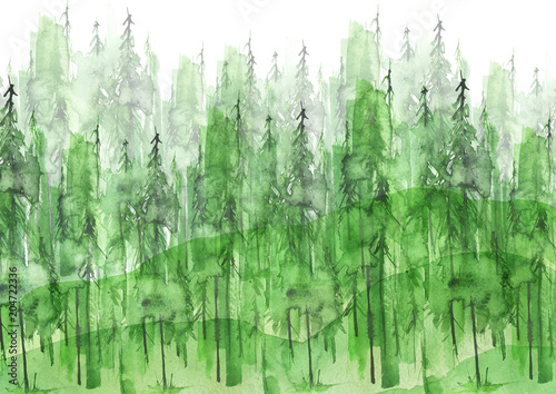 Obraz na płótnie Akwarela grupa zielonych drzew. Zielony, letni las, krajobraz. Rysować na białym odosobnionym tle. Streszczenie logo, splash zielonej farby, stylowe ilustracji. Nachylenie, wzgórze, krajobraz lasu.