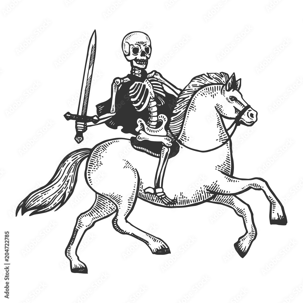 Fototapeta premium Skeleton warrior on horse engraving vector