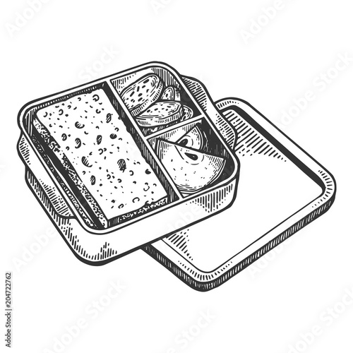 Lunchbox with food engraving vector illustration