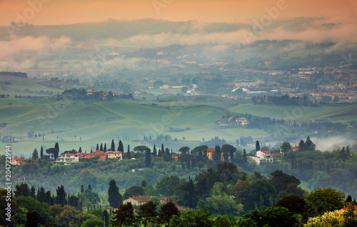 Foggy landscape in Tuscany, Italy, Europe