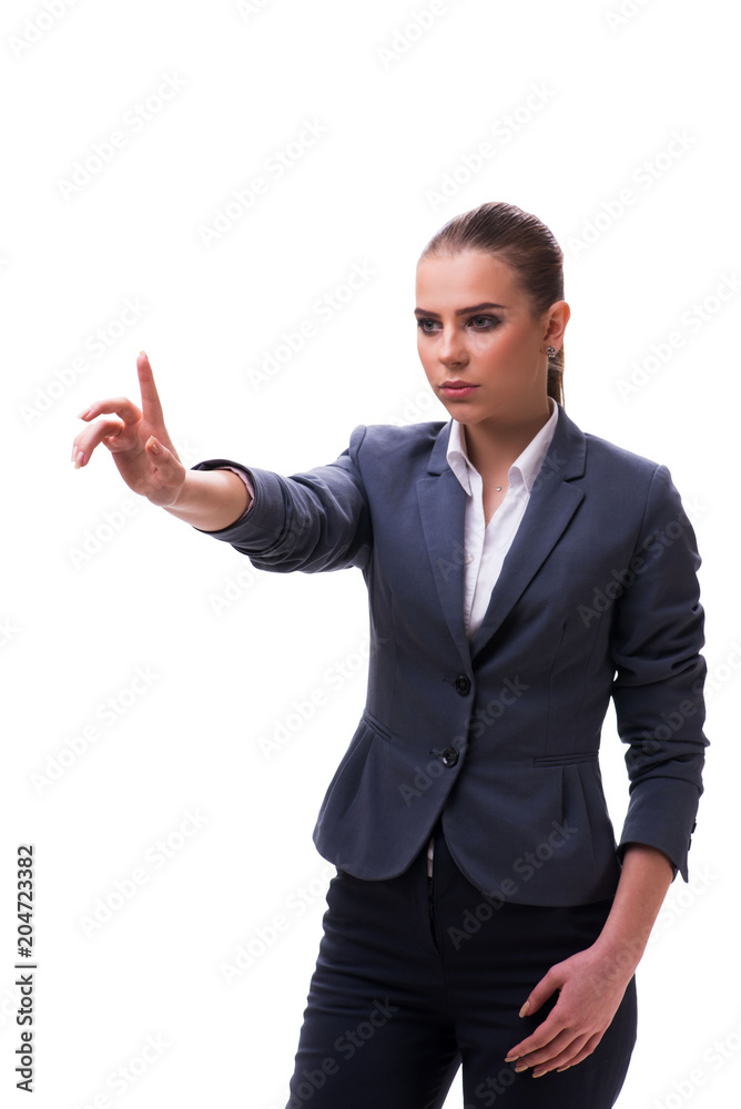 Young businesswoman pressing virtual button on white Young businesswoman pressing virtual button on white