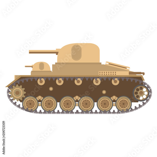 The multitower medium battle tank with the gun and a machine gun.Caterpillar fighting military armored vehicle.Army equipment.For the websites and games.Vector in flat .Multi-turreted.Artillery cannon
