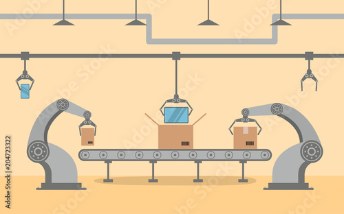 The factory conveyor on packing smartphone in a box in flat style.Robotic hand,arm,pointing device. Production Line with Cardboard Boxes.Industrial machine. robot industry factory manufacture.