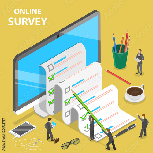 Online survey flat isometric vector concept. Group of people are filling out a paper survey form that is sticking out of the PC monitor.