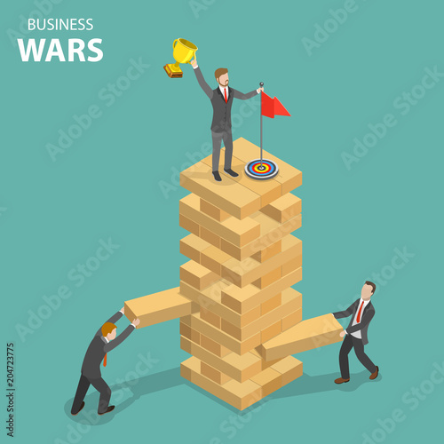 Business war flat isometric vector concept. Two businessmen are trying to drop down a third one from the tower top.