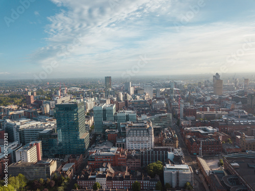 Manchester City Centre Drone Aerial View Above Building Work Skyline Construction Blue Sky Summer Beetham Tower Deansgate. © Sam Foster