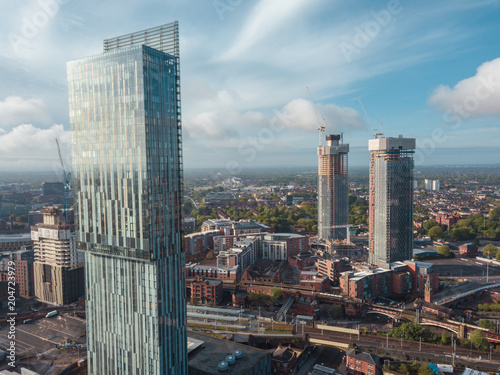 Canvastavla Manchester City Centre Drone Aerial View Above Building Work Skyline Construction Blue Sky Summer Beetham Tower Deansgate