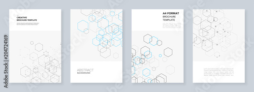 Minimal brochure templates with hexagons and lines on white. Hexagon infographic. Digital technology, science or medical concept.Templates for flyer, leaflet, brochure, report, presentation