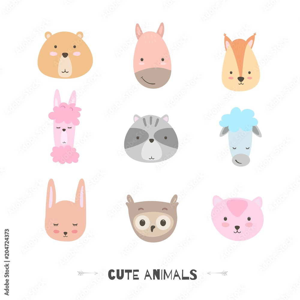 Cute animals. Set of hand drawn smiling characters. Cartoon zoo. Cat, lama, horse, raccoon, sheep, owl, rabbit, squirrel and bear. Vector illustration. Cute animals. Set of hand drawn smiling characters. Cartoon zoo. Cat, lama, horse, raccoon, sheep, owl, rabbit, squirrel and bear. Vector illustration.