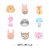 Cute animals. Set of hand drawn smiling characters. Cartoon zoo. Cat, lama, horse, raccoon, sheep, owl, rabbit, squirrel and bear. Vector illustration.