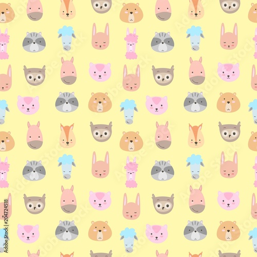 Cute animals. Pattern of hand drawn smiling characters. Cartoon zoo. Cat, lama, horse, raccoon, sheep, owl, rabbit, squirrel and bear. Vector illustration.