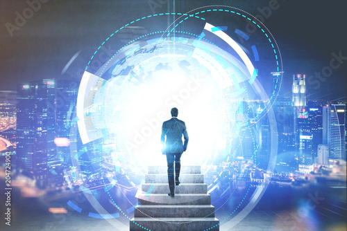Man entering portal, futuristic HUD interface city photo