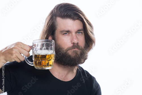Man with a glass of beer isolated on white, alcohol, harm