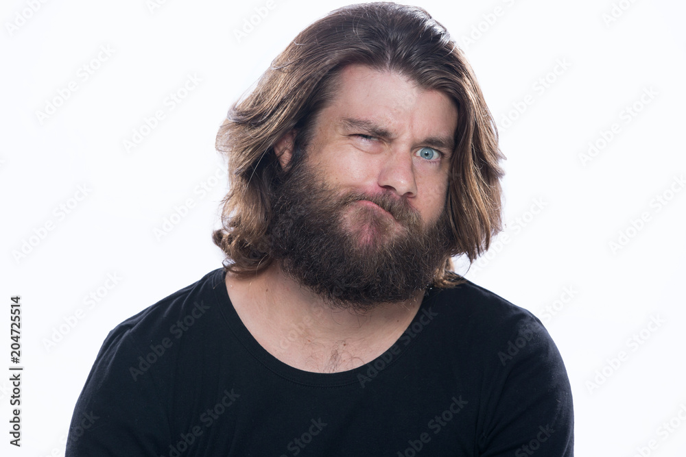 Fototapeta premium Expression and people concept - man with funny face isolated on white