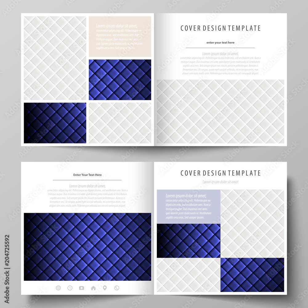 Business templates for square design bi fold brochure, magazine, flyer. Leaflet cover, abstract vector layout. Shiny fabric, rippled texture, white or blue color silk, vintage style background