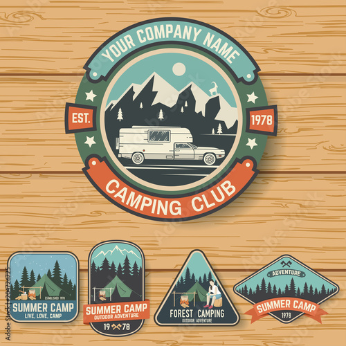 Set of Summer camp badges on the wood board. Vector.
