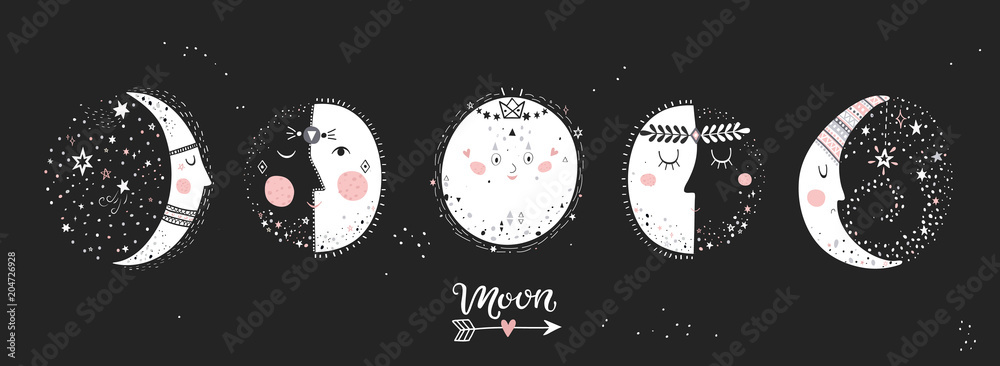 Moon Phases Characters Image On Black Background Hand Drawn Vector Moon Phases Characters Image On Black Background Hand Drawn Vector