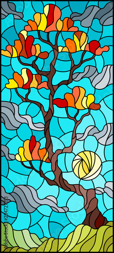 Illustration in stained glass style with autumn tree on sky background with clouds and sun