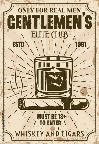 Glass of whiskey with ice cubes and cigar poster
