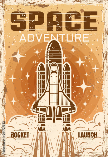 Space shuttle flight up colored vintage poster