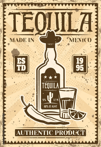 Bottle of tequila and glass vector retro poster
