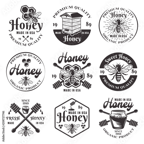 Honey and beekeeping set of black vector emblems