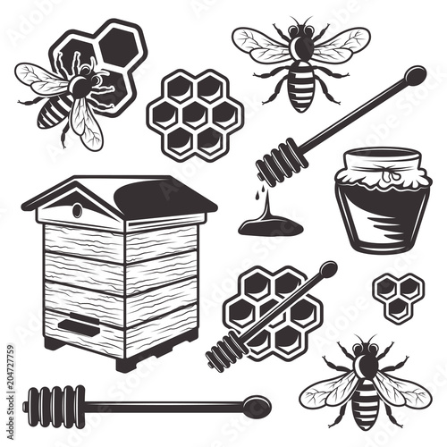 Beekeeping and honey set of vector black objects