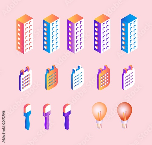 Isometric gradient business elements set of multistorey office buildings, flip-flop calendars and abstract concepts of idea and creation - light bulbs and brushes. Isolated vector illustration.
