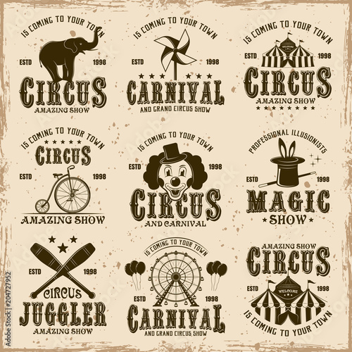 Circus set of vector brown emblems, labels, badges