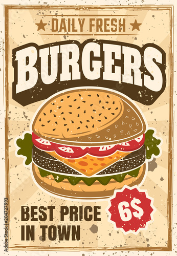 Burger colored advertising vintage vector poster