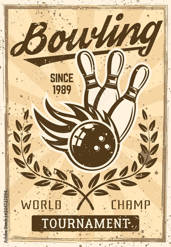 Bowling vintage poster with burning ball, skittles