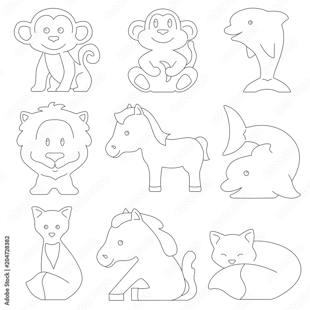 Lines of animal silhouettes for children's coloring on a background
