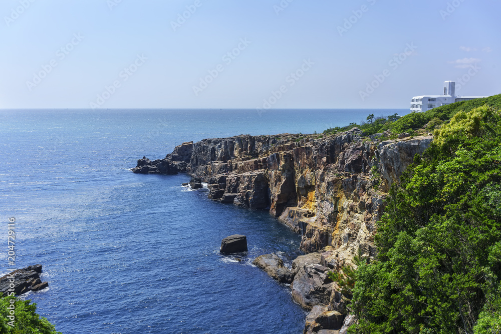 Beautiful scenery of Sandambeki Rock Cliff in popular resort town of Shirahama in Wakayama Prefecture , Japan