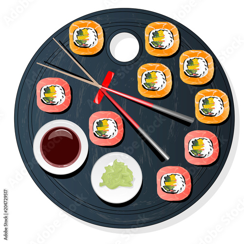Nigiri Sush seti illustration isolated. Top view.