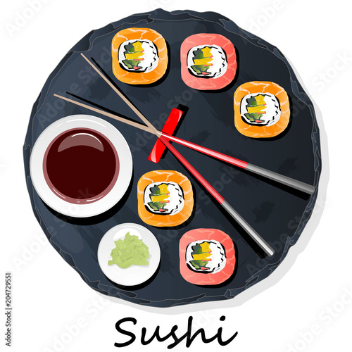 Nigiri Sush seti illustration isolated. Top view.