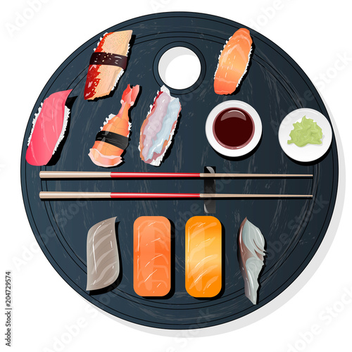 Nigiri Sush seti illustration isolated. Top view.